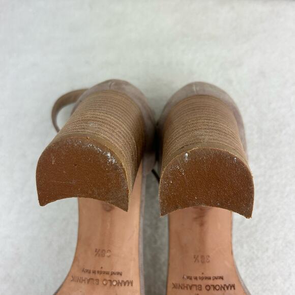 Authentic Manolo Blahnik Brown Gray Suede Strappy Sandal Block Heel 38.5 (US 8) - Picture 12 of 16